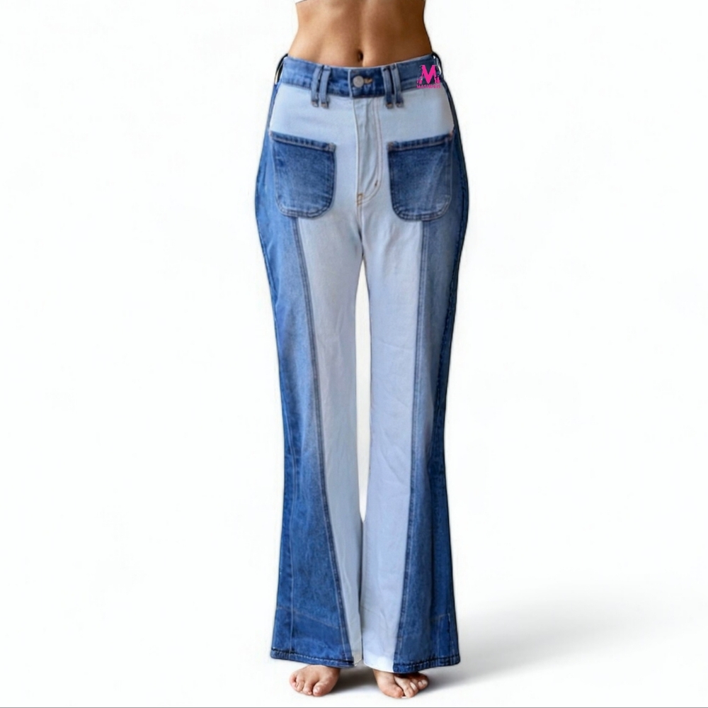 REVICE Blue and Light Blue Flare Jeans